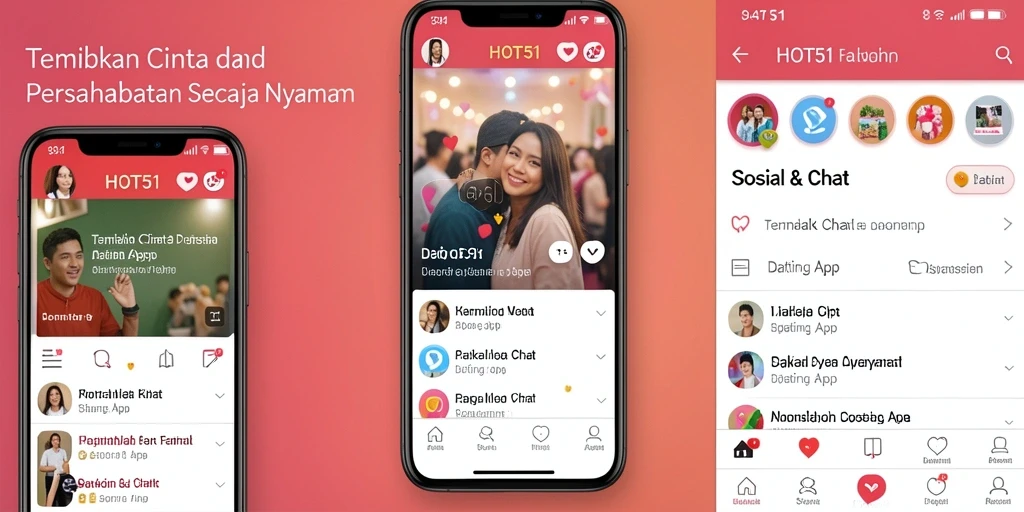 Screenshot utama HOT51 menampilkan fitur pencarian dan chat yang interaktif.