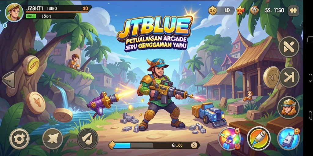Antarmuka menarik dari game Arcade JTBLUE yang penuh warna.