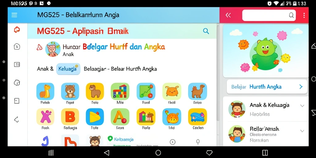 Antarmuka interaktif MG525 untuk belajar huruf dan angka.