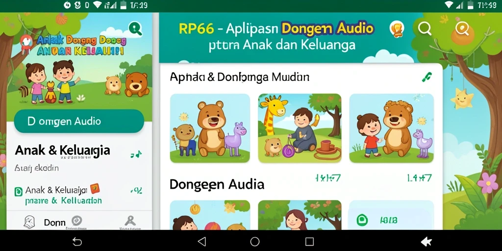 Antarmuka pengguna aplikasi RP66 yang ramah anak untuk dongeng audio.